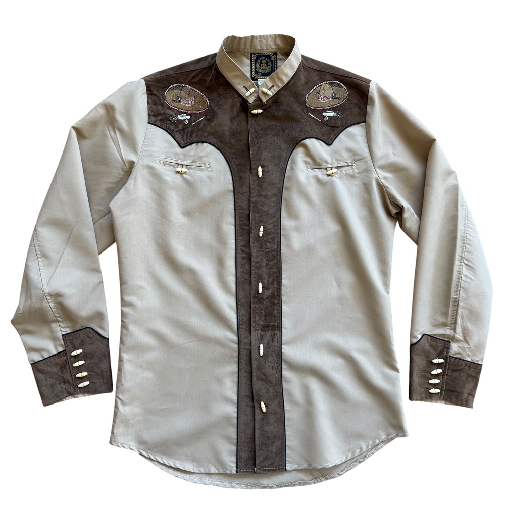 Espuela de Oro Mens Charro Western Shirt Beige Brown Embroidered Sombrero Sz 36